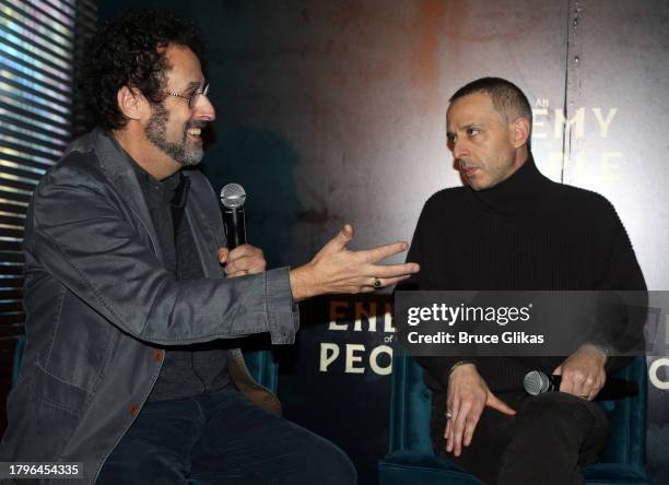 Tony Kushner and Jeremy Strong speak during a press day for the upcoming broadway play "An Enemy of the People" at The Times Square Edition Hotel on...