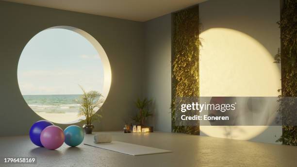 yoga studio interior at seashore - eoneren stock pictures, royalty-free photos & images