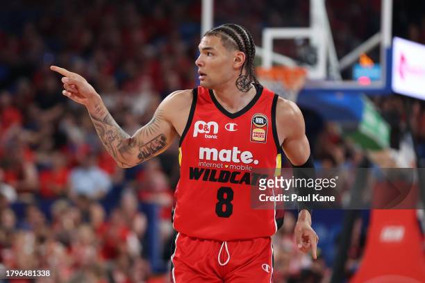 Jordan Usher of the Wildcats celebrates a basket during the round eight NBL match between Perth Wildcats and Cairns Taipans at RAC Arena, on November...