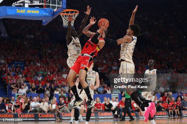 Jordan Usher of the Wildcats drives to the basket during the round eight NBL match between Perth Wildcats and Cairns Taipans at RAC Arena, on...