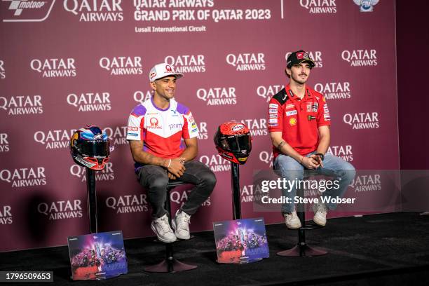 Title competitors Jorge Martin of Spain and Prima Pramac Racing and Francesco Bagnaia of Italy and Ducati Lenovo Team during the press conference...