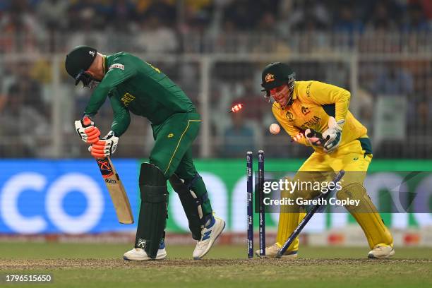 Heinrich Klaasen of South Africa is bowled by Travis Head of Australia during the ICC Men's Cricket World Cup India 2023 Semi Final match between...