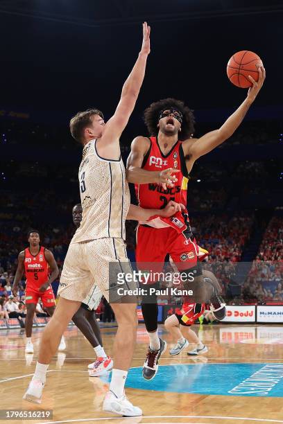 Keanu Pinder of the Wildcats goes to the basket during the round eight NBL match between Perth Wildcats and Cairns Taipans at RAC Arena, on November...