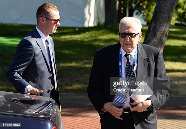 In this handout image provided by Host Photo Agency, Lakhdar Brahimi, Joint Special Representative for Syria of the United Nations, arrives for a...