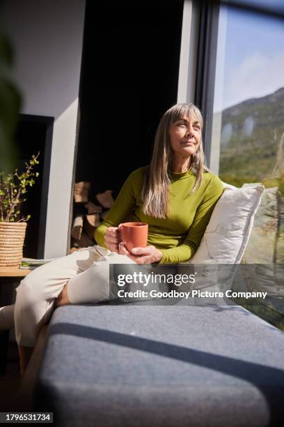 mature woman looking at the scenic view from her living room window - financial freedom stock pictures, royalty-free photos & images