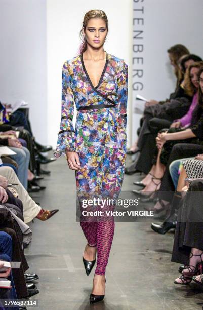 Ana Beatriz Barros walks the runway during the Diane Von Furstenberg Ready to Wear Fall/Winter 2002-2003 fashion show as part of the New York Fashion...
