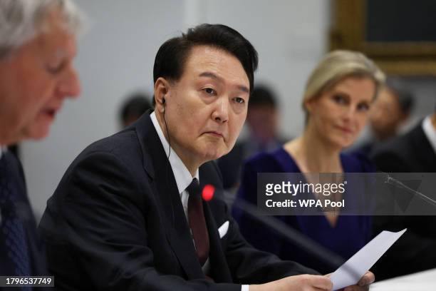 South Korea's President Yoon Suk Yeol attends a roundtable discussion on how to collectively strengthen the role of basic science to advance...