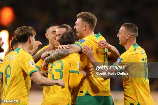 Harry Souttar of the Socceroos celebrates scoring a goal during the 2026 FIFA World Cup Qualifier match between Australia Socceroos and Bangladesh at...