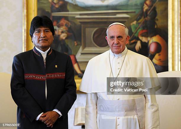 Pope Francis meets Bolivia President Evo Morales during an audience at his private library on September 6, 2013 in Vatican City, Vatican. The...