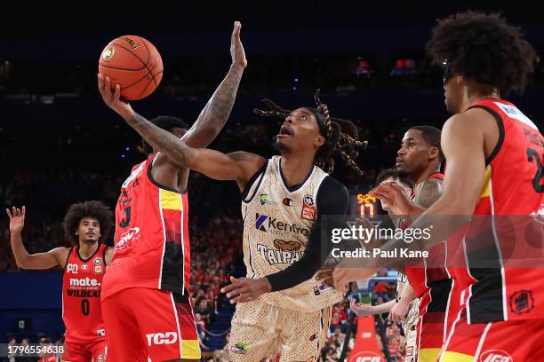 Tahjere Mccall of the Taipans is fouled going to the basket during the round eight NBL match between Perth Wildcats and Cairns Taipans at RAC Arena,...