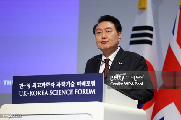 South Korea's President Yoon Suk Yeol makes a keynote speech at the Royal Society, November 22, 2023 in London, United Kingdom.