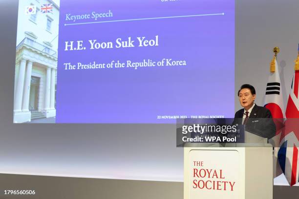 South Korea's President Yoon Suk Yeol makes a keynote speech at the Royal Society, November 22, 2023 in London, United Kingdom.