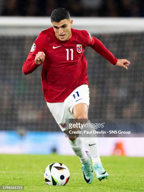Norway's Mohamed Elyounoussi in action during a UEFA Euro 2024 Qualifier between Scotland and Norway at Hampden Park, on November 19 in Glasgow,...