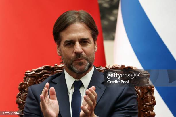 Uruguay President Luis Lacalle Pou attends a signing ceremony with Chinese President Xi Jinping at The Great Hall of the People on November 22, 2023...