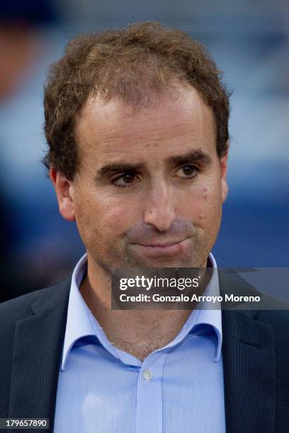 Head Coach Jagoba Arrasate of Real Sociedad prior to start the UEFA Champions League Play-offs second leg match between Real Sociedad and Olympique...