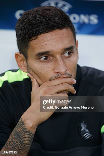 Liassine Cadamuro of Real Sociedad on the bench prior to start the UEFA Champions League Play-offs second leg match between Real Sociedad and...