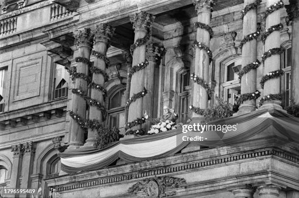 French General Charles de Gaulle addresses the crowd during his official visit to Quebec, 24 July 1967, from the balcony of Montreal city hall, where...