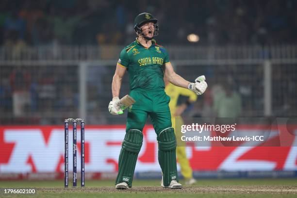 David Miller of South Africa celebrates after scoring a century during the ICC Men's Cricket World Cup India 2023 Semi Final match between South...