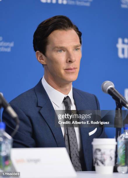 Actor Benedict Cumberbatch speaks onstage at 'The Fifth Estate' Press Conference during the 2013 Toronto International Film Festival at TIFF Bell...