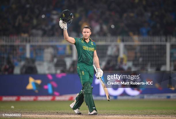 David Miller of South Africa celebrates after scoring a century during the ICC Men's Cricket World Cup India 2023 Semi Final match between South...