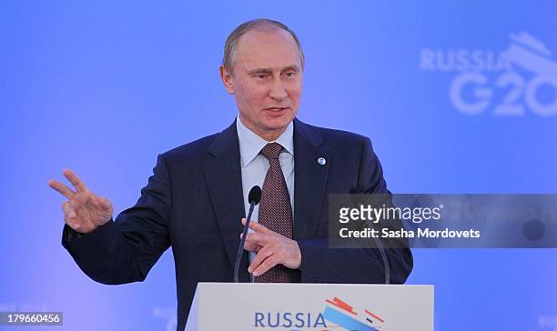 Russian President Vladimir Putin speaks during a press conference at the end of the G20 summit on September 6, 2013 in St. Petersburg, Russia. Putin...