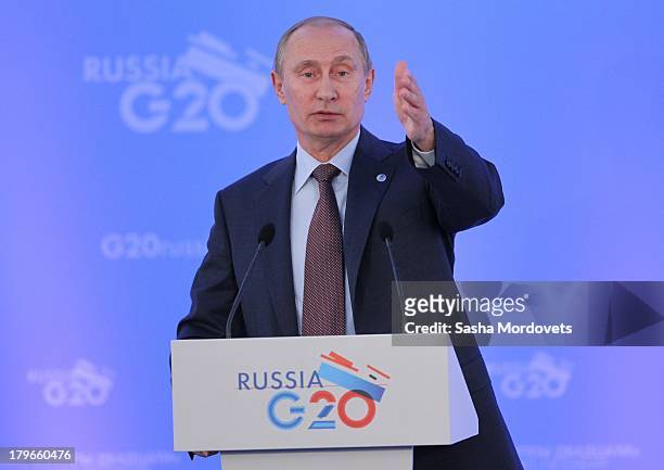 Russian President Vladimir Putin speaks during a press conference at the end of the G20 summit on September 6, 2013 in St. Petersburg, Russia. Putin...