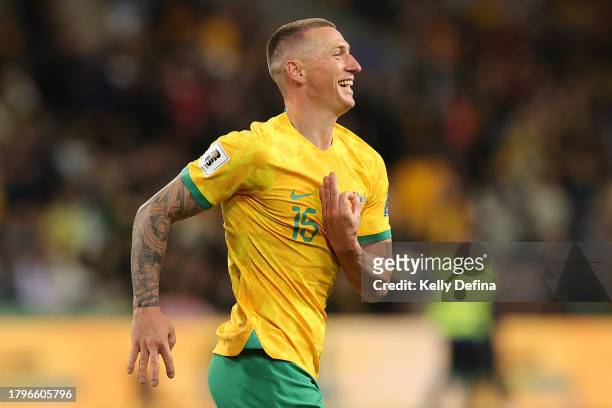Mitchell Duke of the Socceroos celebrates scoring a goal during the 2026 FIFA World Cup Qualifier match between Australia Socceroos and Bangladesh at...