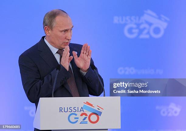 Russian President Vladimir Putin speaks during a press conference at the end of the G20 summit on September 6, 2013 in St. Petersburg, Russia. Putin...