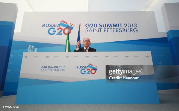 In this handout image provided by Host Photo Agency, Prime Minister of Italy Enrico Letta speaks during a press conference at the end of the G20...