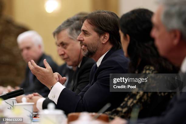 Uruguay President Luis Lacalle Pou attends a meeting with Chinese President Xi Jinping at The Great Hall of the People on November 22, 2023 in...