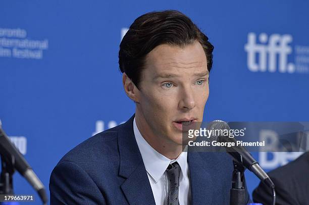 Actor Benedict Cumberbatch speaks onstage at "The Fifth Estate" Press Conference during the 2013 Toronto International Film Festival at TIFF Bell...