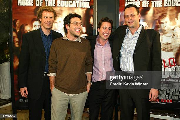 Actor Will Ferrell, director Todd Phillips, actor Luke Wilson and actor Vince Vaughn pose at the premiere of "Old School" at the Chinese Theatre on...