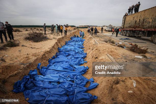 View of the bodies of dead Palestinians, who lost their lives during the Israeli attacks, in a mass grave in the cemetery in Khan Yunis, Gaza on...