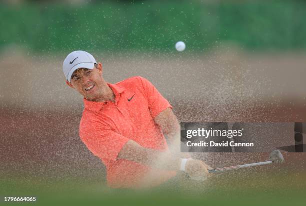 Rory McIlroy of Northern Ireland plays his second shot on the 17th hole during the first round on Day One of the DP World Tour Championship on the...