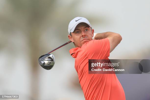 Rory McIlroy of Northern Ireland plays his tee shot on the 14th hole during the first round on Day One of the DP World Tour Championship on the Earth...