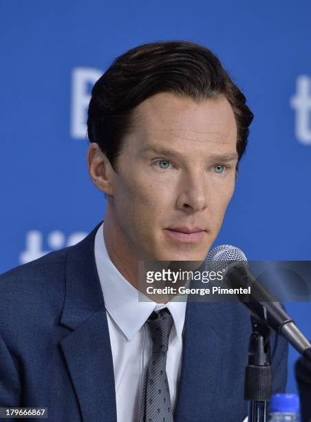 Actor Benedict Cumberbatch speaks onstage at "The Fifth Estate" Press Conference during the 2013 Toronto International Film Festival at TIFF Bell...