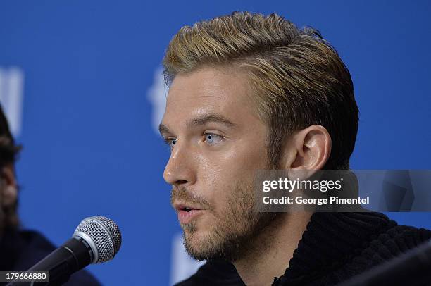 Actor Dan Stevens speaks onstage at "The Fifth Estate" Press Conference during the 2013 Toronto International Film Festival at TIFF Bell Lightbox on...