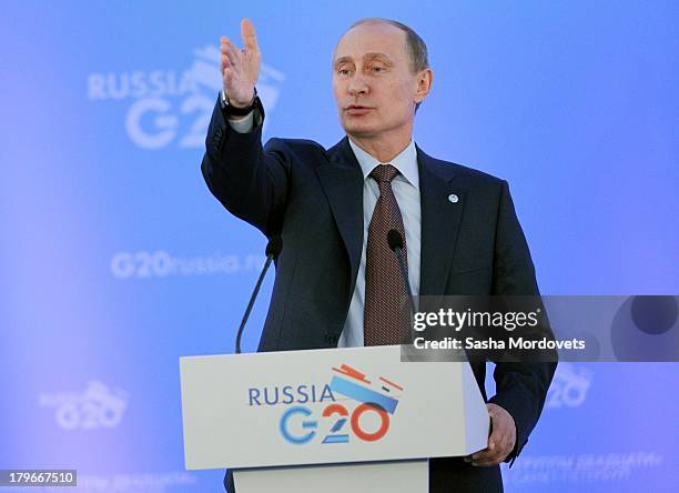 Russian President Vladimir Putin speaks during a press conference at the end of the G20 summit on September 6, 2013 in St. Petersburg, Russia. Putin...