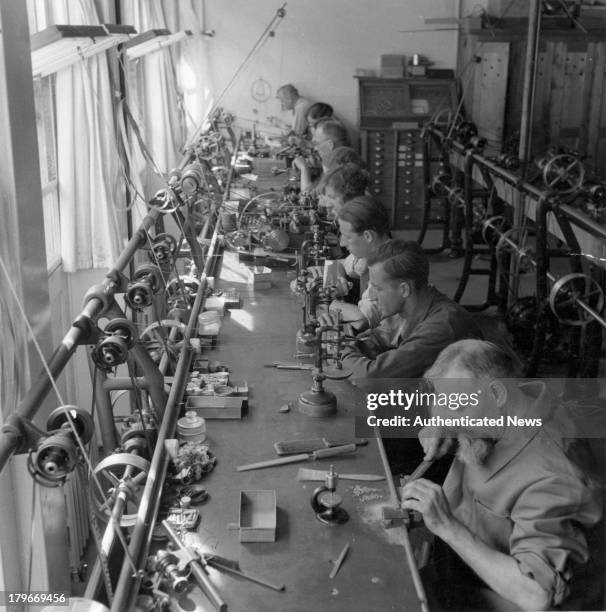 Glimpse of a work room in the Patek- Philippe & Co. Watch factory in Geneva, Switzerland.