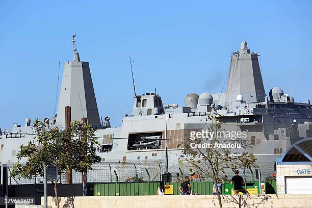 The US warship, "USS San Antonio", an amphibious ship, docks in the port of Haifa on 5 September 2013. The U.S Navy has claimed that the arrival of...