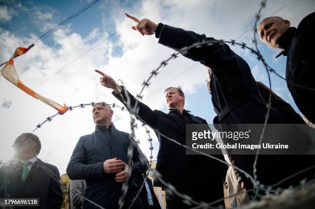 Commonwealth and Development Affairs David Cameron stands near barbed wire on Prymorskyi Boulevard on November 16, 2023 in Odesa, Ukraine. The UK's...
