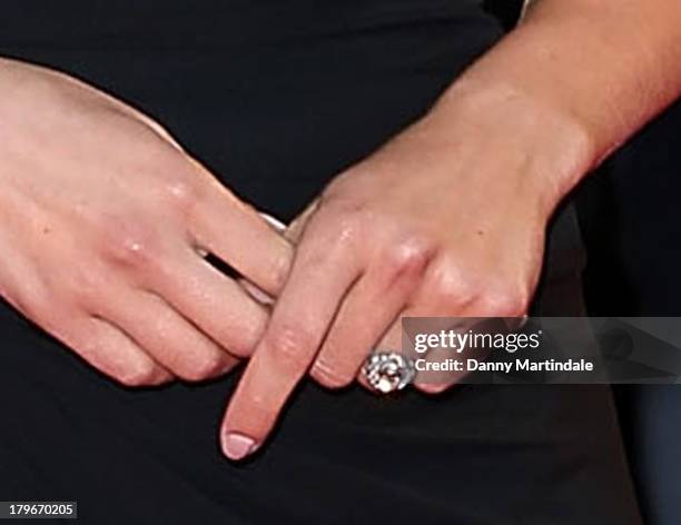 Close up detail of an engagement ring as actress Scarlett Johansson attends 'Under The Skin' Premiere during the 70th Venice International Film...