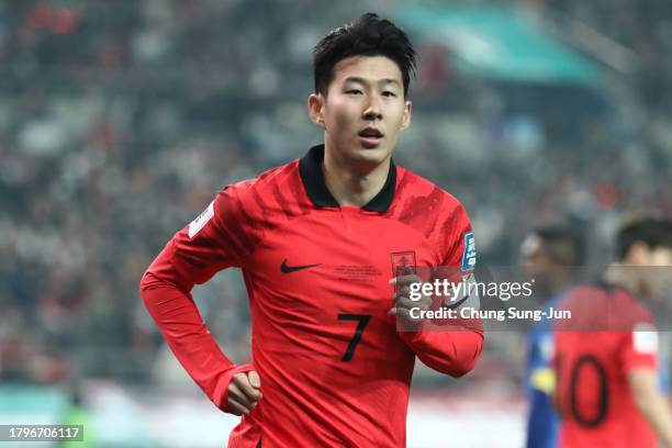 Son Heung-min of South Korea during the FIFA World Cup Asian 2nd qualifier match between South Korea and Singapore at Seoul World Cup Stadium on...