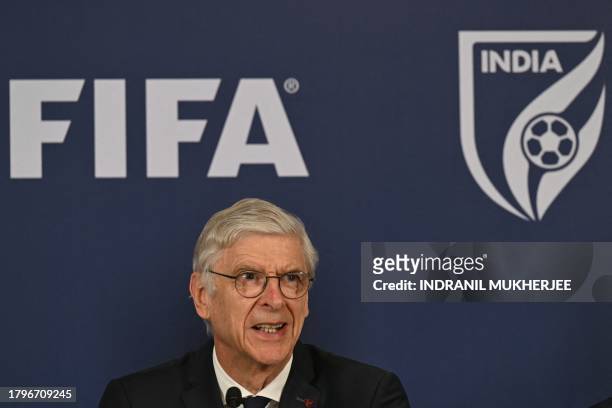 Chief of Global Football Development Arsène Wenger, speaks during a press conference regarding the FIFA-AIFF academy and the grassroots development...