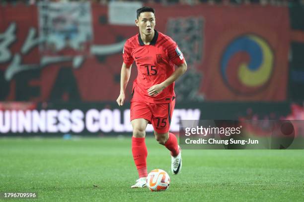 Jung Seung-hyun of South Korea in action during the FIFA World Cup Asian 2nd qualifier match between South Korea and Singapore at Seoul World Cup...