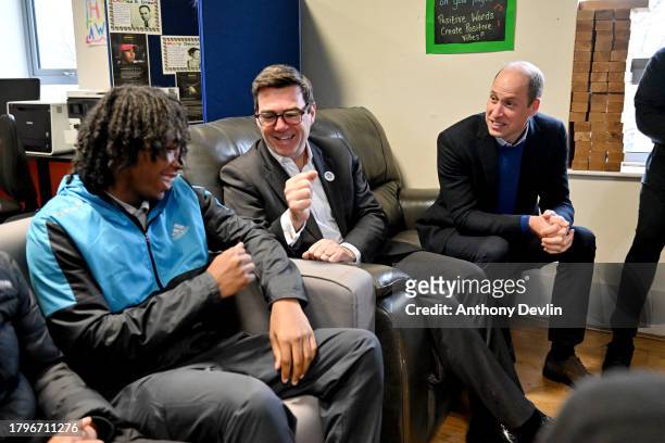 Mayor of Greater Manchester, Andy Burnham and Prince William, Prince of Wales visit the Hideaway Youth Project, lead partner of the Manchester Peace...