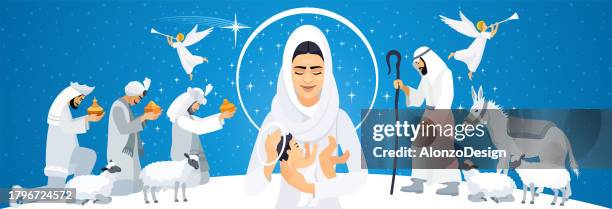 krippe. jungfrau maria und heiliges kind. - holy family jesus mary and joseph stock-grafiken, -clipart, -cartoons und -symbole