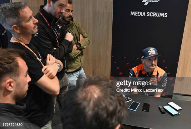 Jack Miller of Australia and Bull KTM Factory Racing speaks with journalists during the media scrum in media center during the MotoGP of Qatar -...