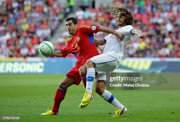 Petr Jiracek of Czech Republic and Henrikh Mkhitaryan of Armenia fight for ball during their FIFA 2014 World Cup Qualifier group B match at Synot Tip...