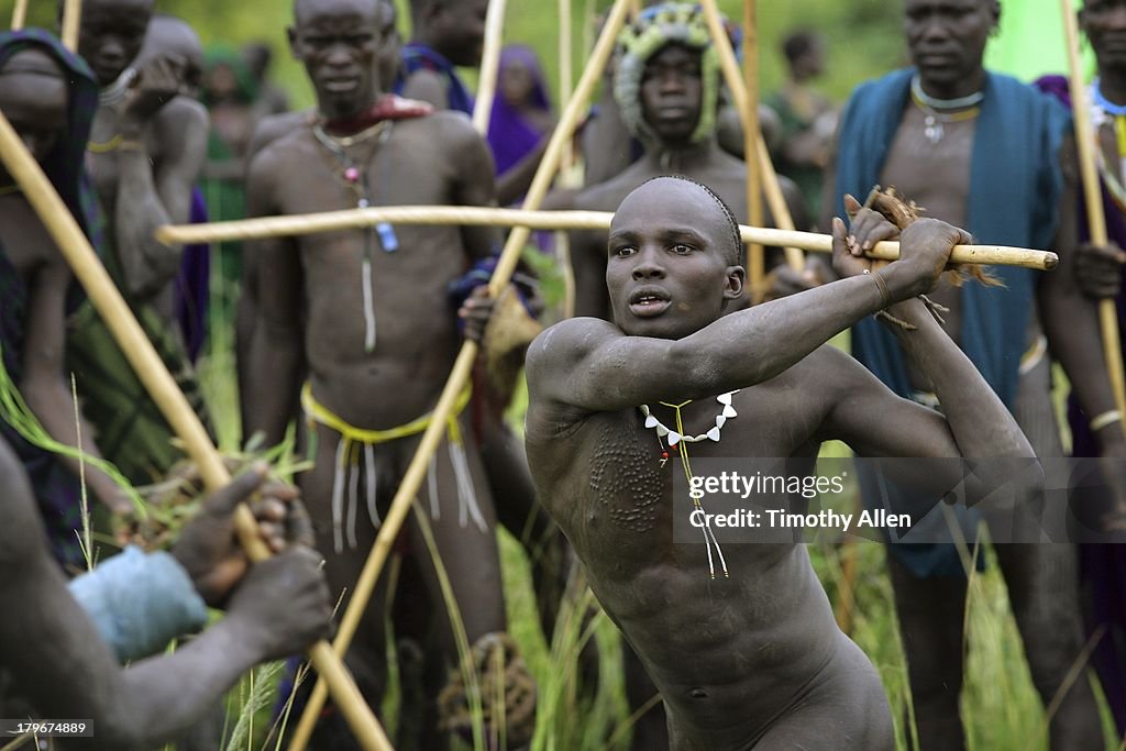 Suri tribal warrior at Donga stick fight